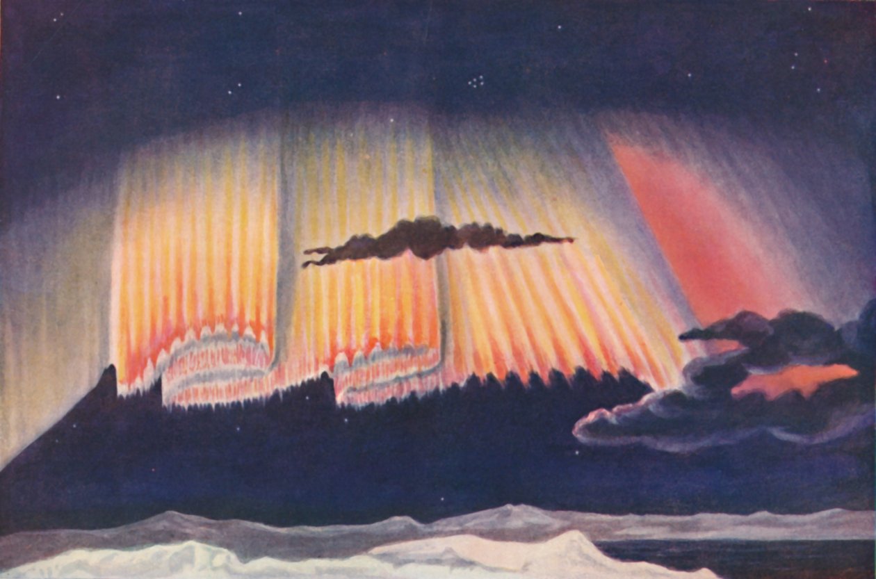 Uma excelente apresentação dos cientistas sobre a linda cortina tecida por uma Aurora, c1935 de Unbekannt