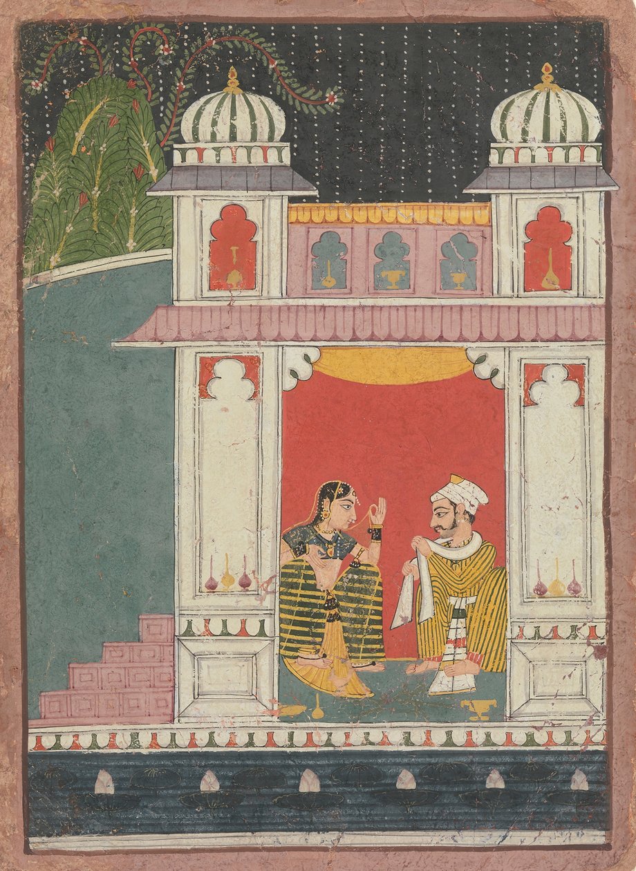 Uma heroína e seu amante em um pavilhão: Página de um Nayikabheda Disperso, ca. 1660-80. de Unbekannt