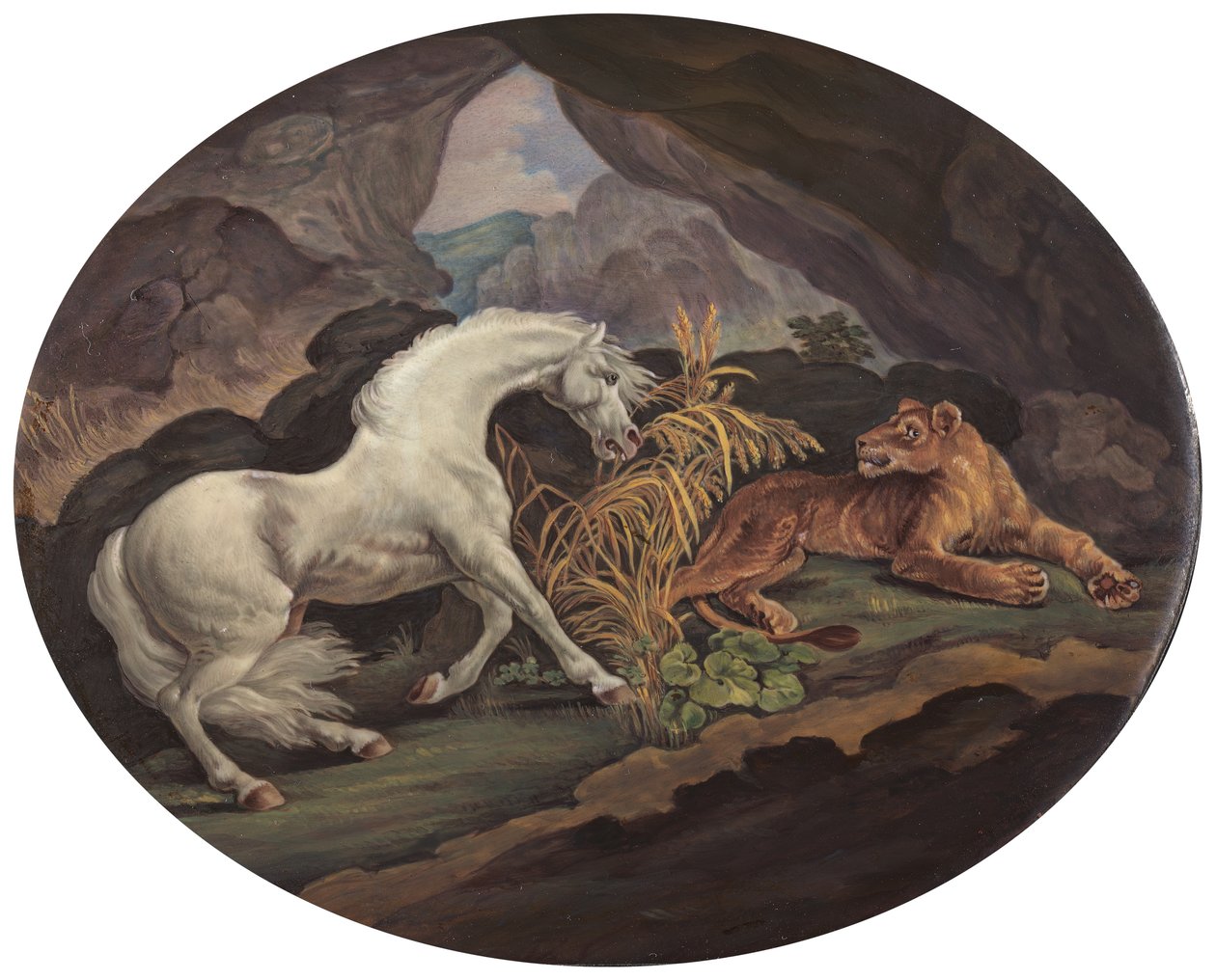 Um cavalo assustado por uma leoa, ca. 1800. de Unbekannt