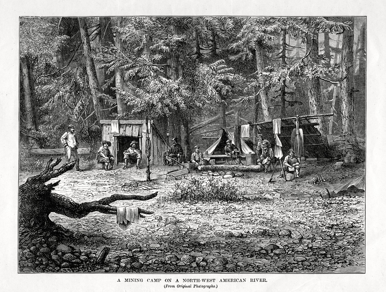 Um campo de mineração em um rio no noroeste da América, 1877 de Unbekannt