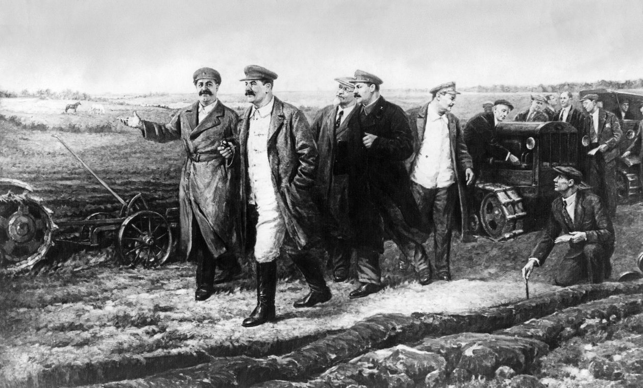 Uma Pintura de K, Finogenov de J, V, Stalin, G, K, Ordjonikidze, M. I. Kalinin, L. M. Kaganovich, e A. A. Zhdanov no Campo Experimental do Instituto do Auto-Tractor de Unbekannt