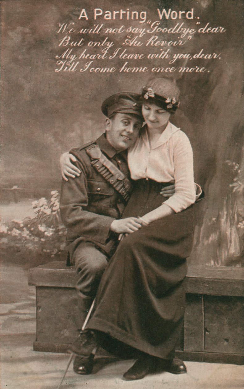 A Parting Word, cartão postal romântico com um soldado e sua namorada de Unbekannt