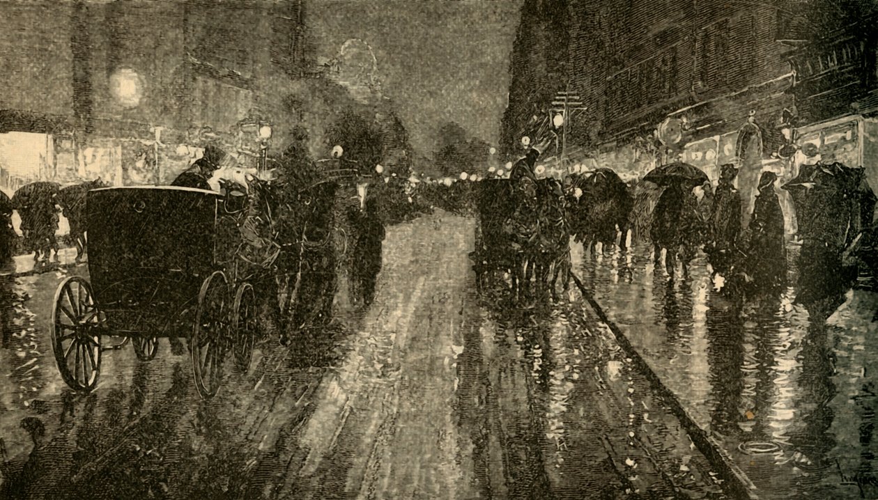 Uma noite chuvosa. - Rua iluminada pela eletricidade, 1882. de Unbekannt