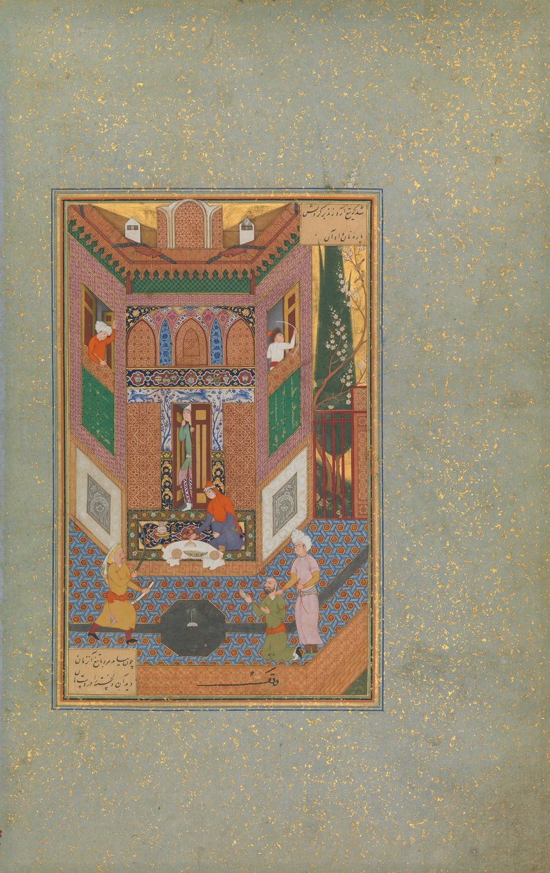 Um rufião poupa a vida de um homem pobre, fólio 4v de um Mantiq al-tair Linguagem dos pássaros, c16 de Unbekannt