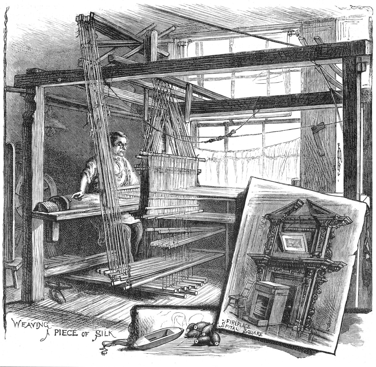 Um tecelão de seda Spitalfields em seu tear manual, 1884 de Unbekannt