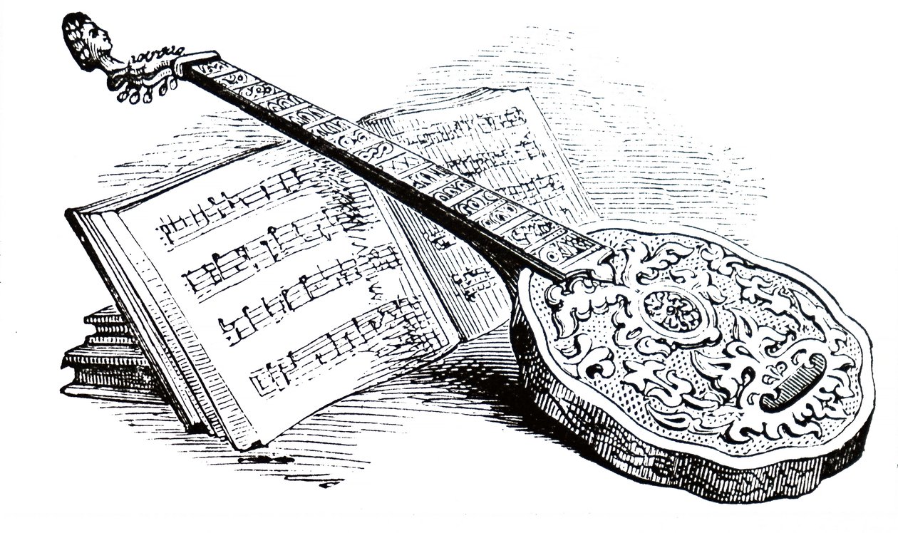 Uma cítara Tudor e um livro de música. de Unbekannt