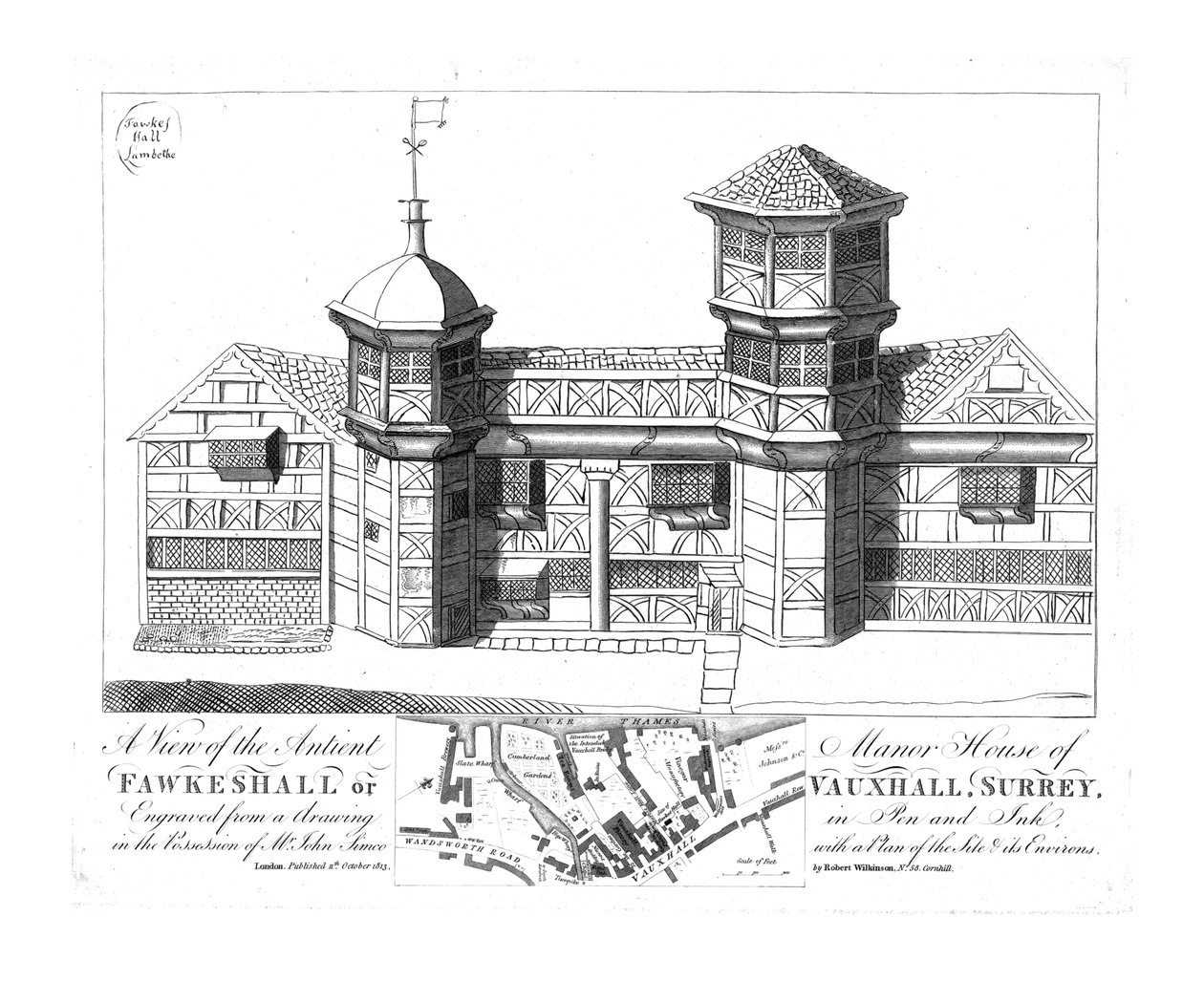 Uma vista da mansão antiga de Fawkeshall ou Vauxhall, Surrey, 1813. de Unbekannt