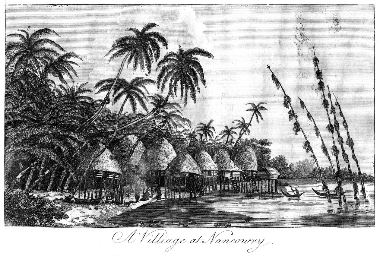 Uma vila em Nancowry, Ilhas Nicobar, 1799 de Unbekannt
