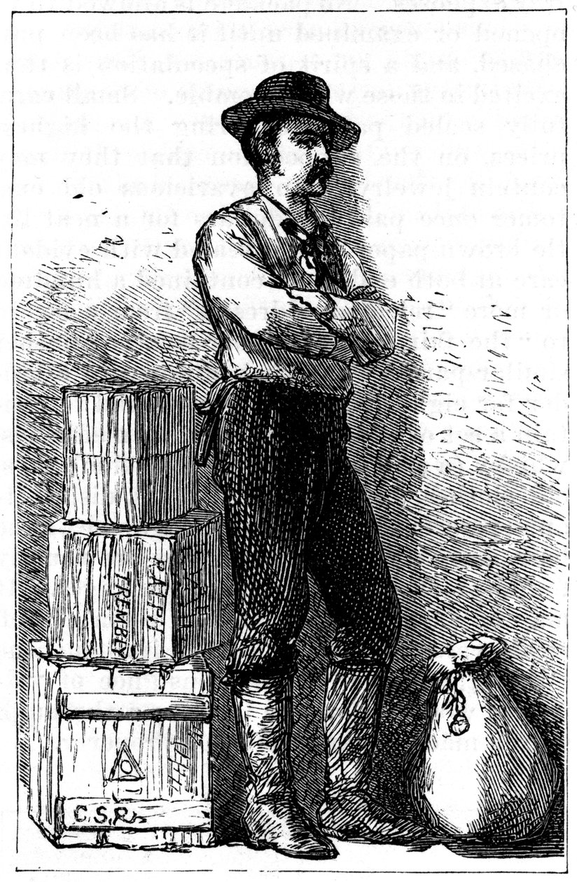 Um mensageiro do Wells Fargo do seu serviço de entrega expressa através do Istmo do Panamá, 1875 de Unbekannt