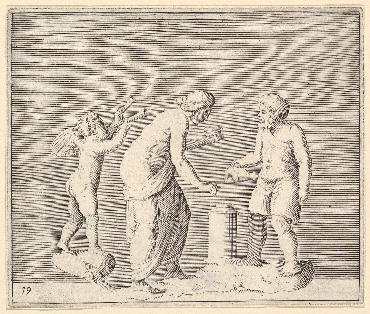 Uma mulher e um homem sacrificando na presença de Cupido, publicado ca. 1599-1622. de Unbekannt