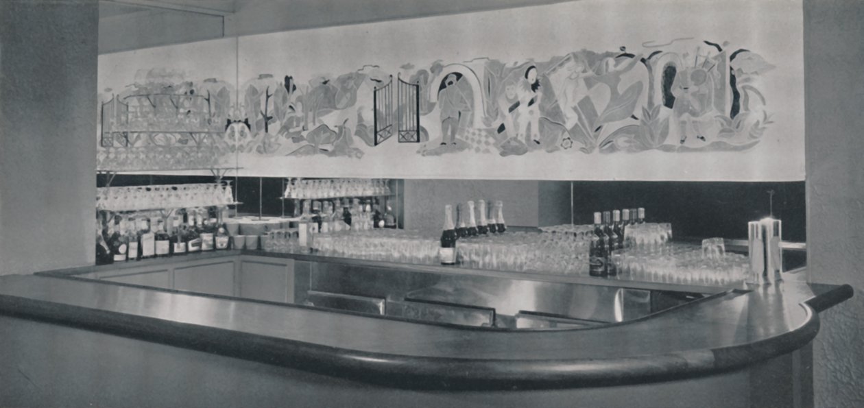 Um mural de bar de coquetel em linóleo esculpido e esmaltado no Berkeley Hotel, Montreal, 1942 de Unbekannt
