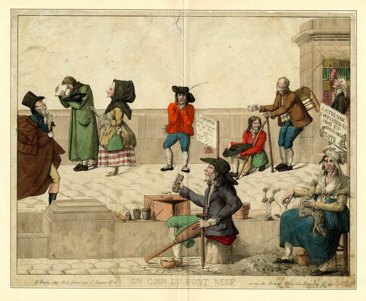 Uma esquina da Pont Neuf, Paris, com mendigos coxos e vendedores ambulantes, por volta de 1813. de Unbekannt