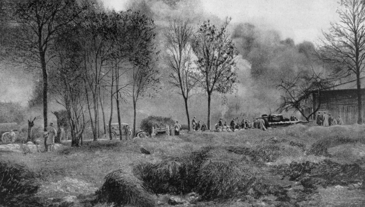Uma fazenda em chamas das bombas incendiárias alemãs, Artois, França, Primeira Guerra Mundial, 1915 de Unbekannt