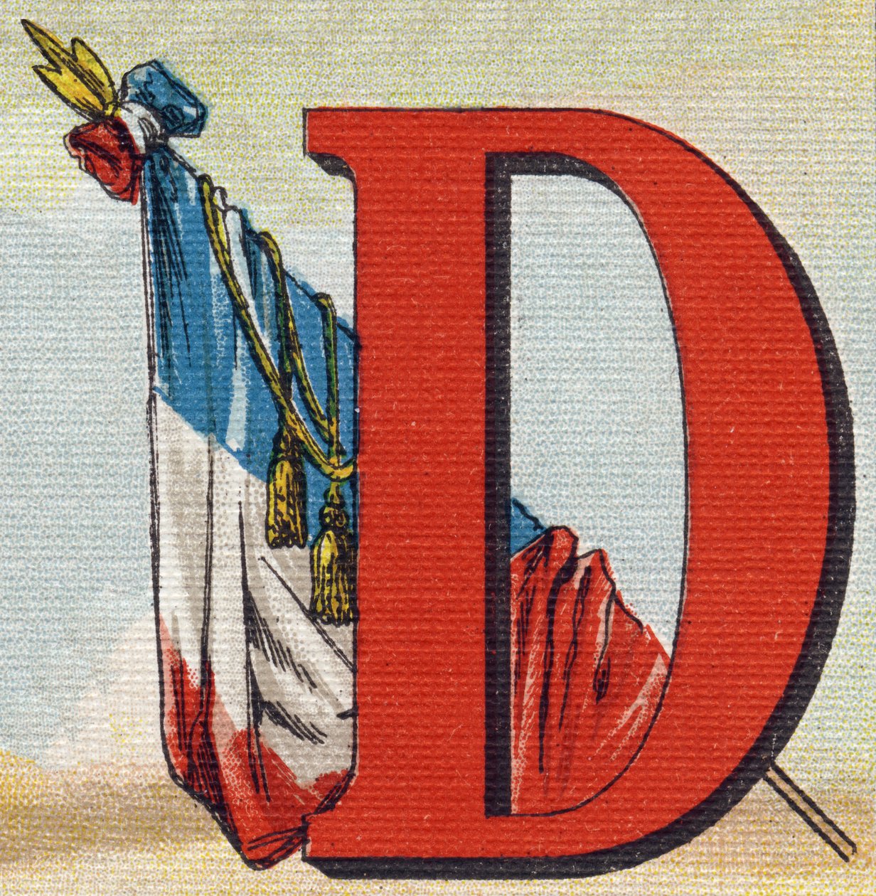 Uma bandeira. Gravação em "Alfabeto de ma petite fille". Bernardin-Bechet e Fils, livreiros-editores, Paris, por volta de 1895. Álbum inquebrável em lona. Bibliotheque des Bebes. 12 páginas. Álbum contendo um método de leitura e um abecedário ilustrativo.  de Unbekannt
