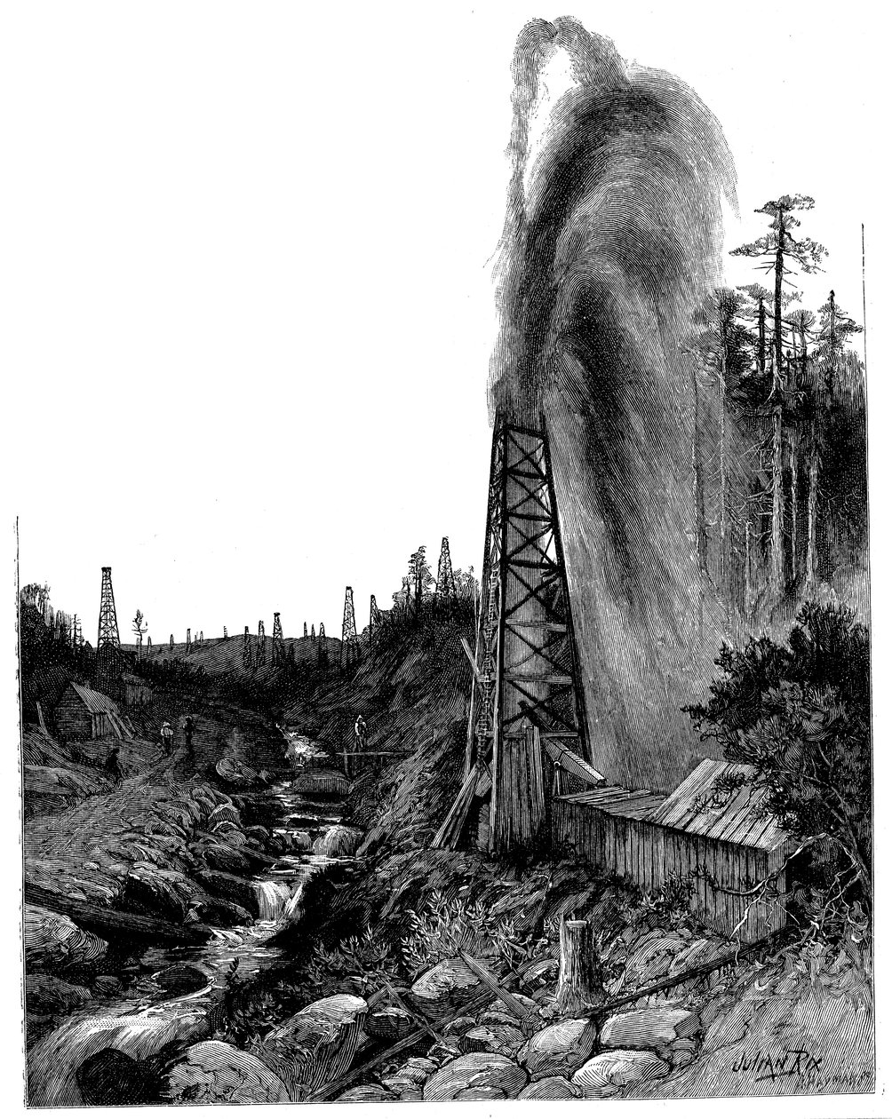 Um jorro nos campos petrolíferos da Pensilvânia, EUA, 1886 de Unbekannt