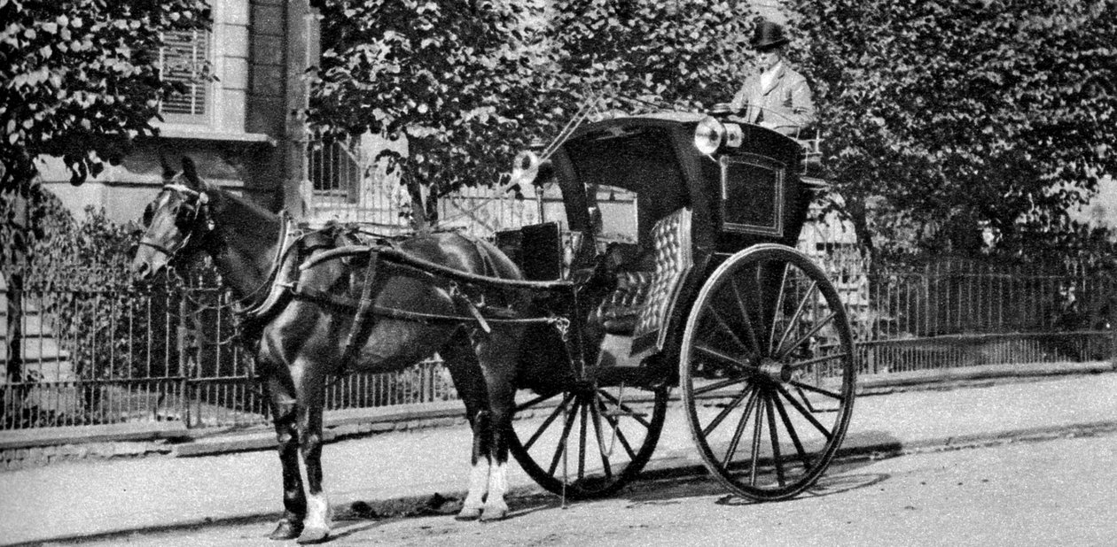 Um táxi hansom puxado a cavalo, Londres, 1926-1927 de Unbekannt