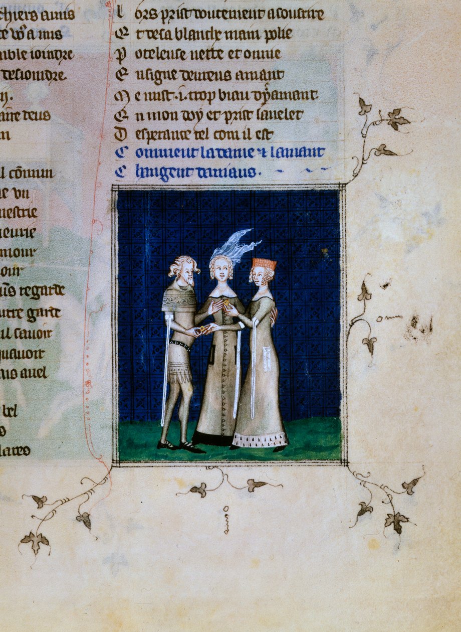 Um cavaleiro e uma senhora trocando alianças, c1350 de Unbekannt