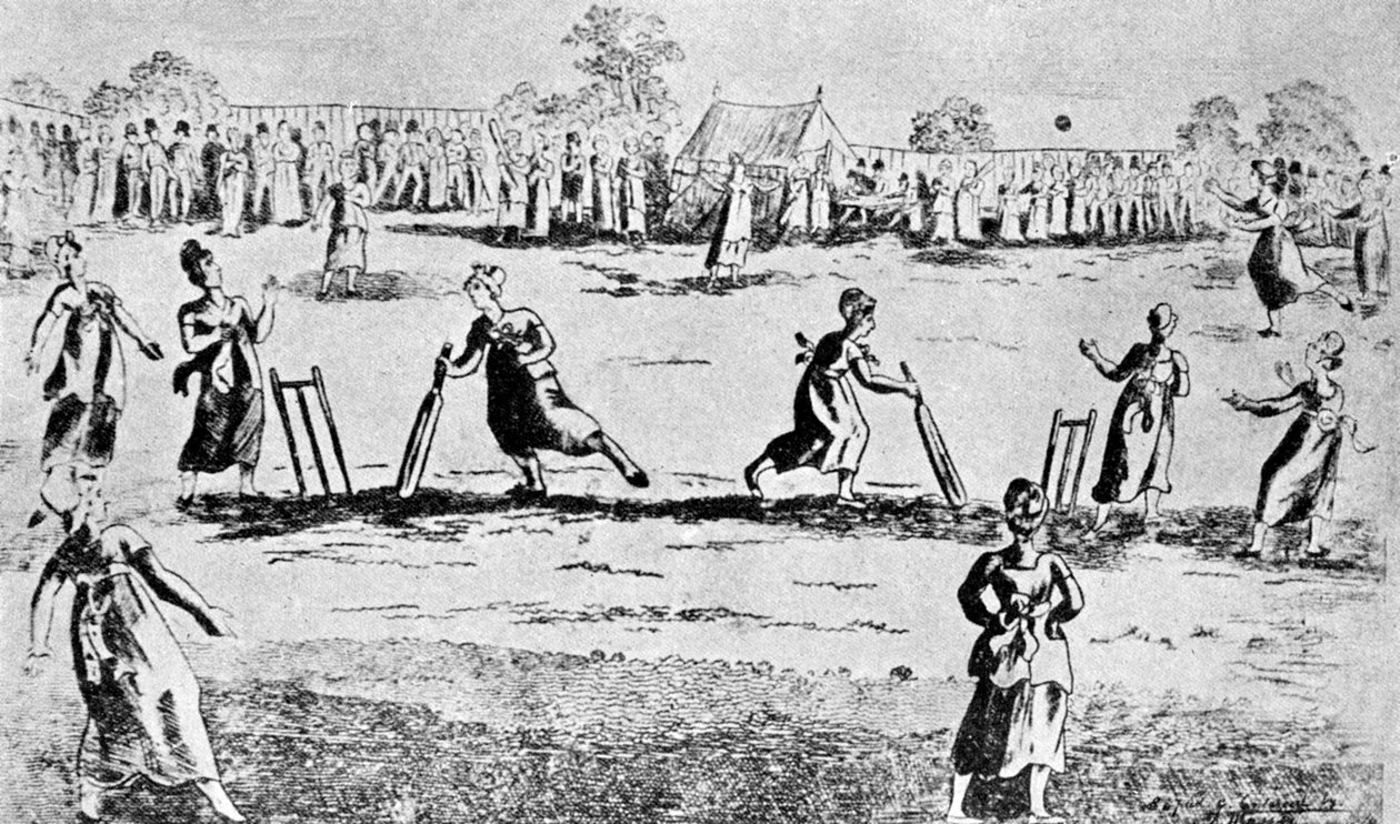 Um jogo de críquete feminino, Newington Green, Islington, Londres, 1811 1912 de Unbekannt