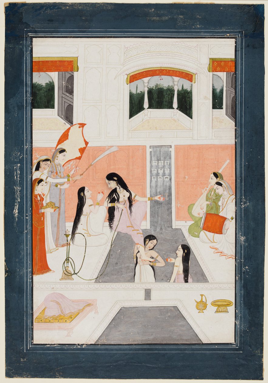 Uma senhora em seu banheiro ouve música ao lado de uma cascata de água do palácio, c. 1780 de Unbekannt
