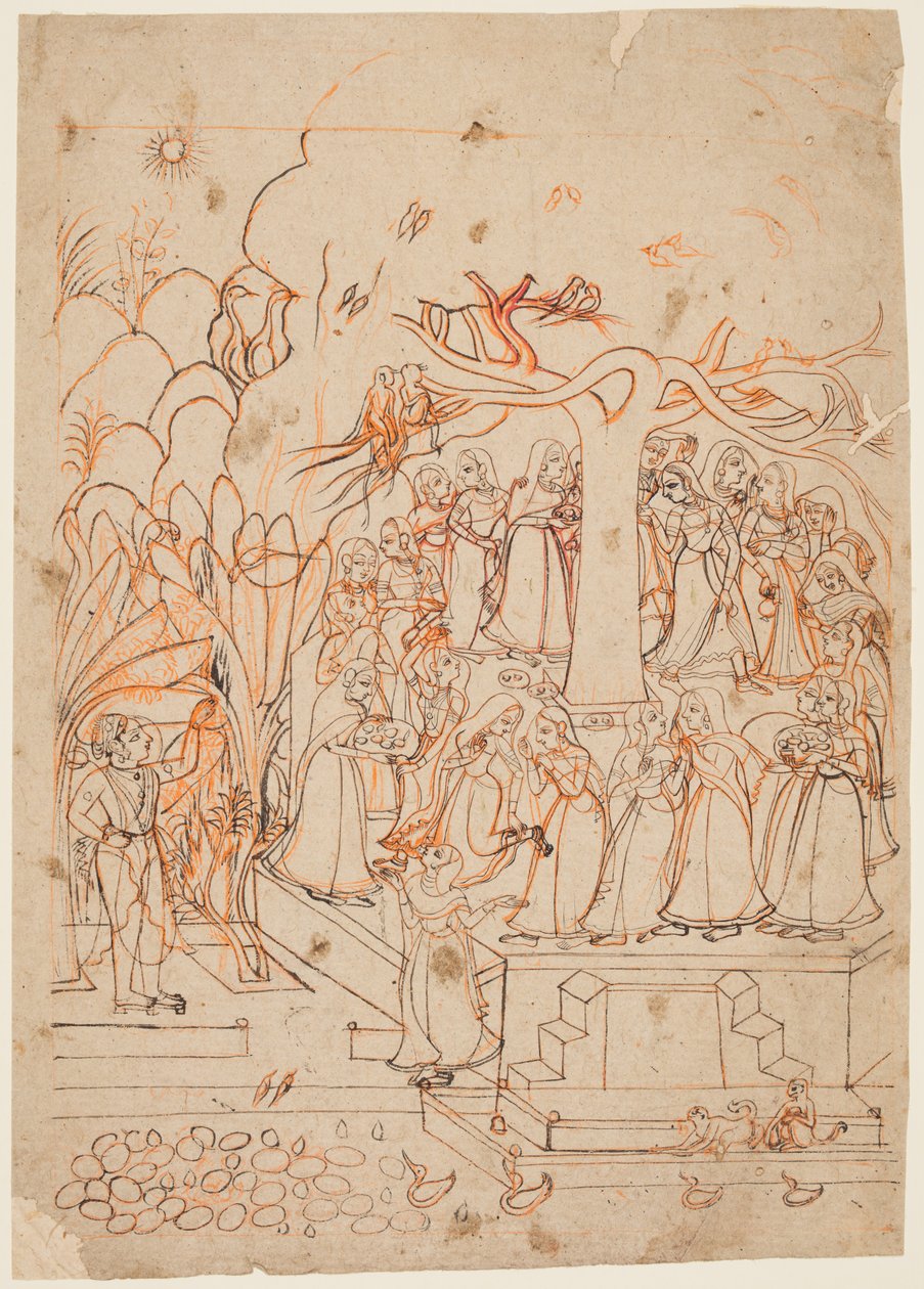 Uma folha de uma série Baramasa: o mês Jyestha de maio a junho, Krishna assiste as Gopis ..., c. 1760 de Unbekannt