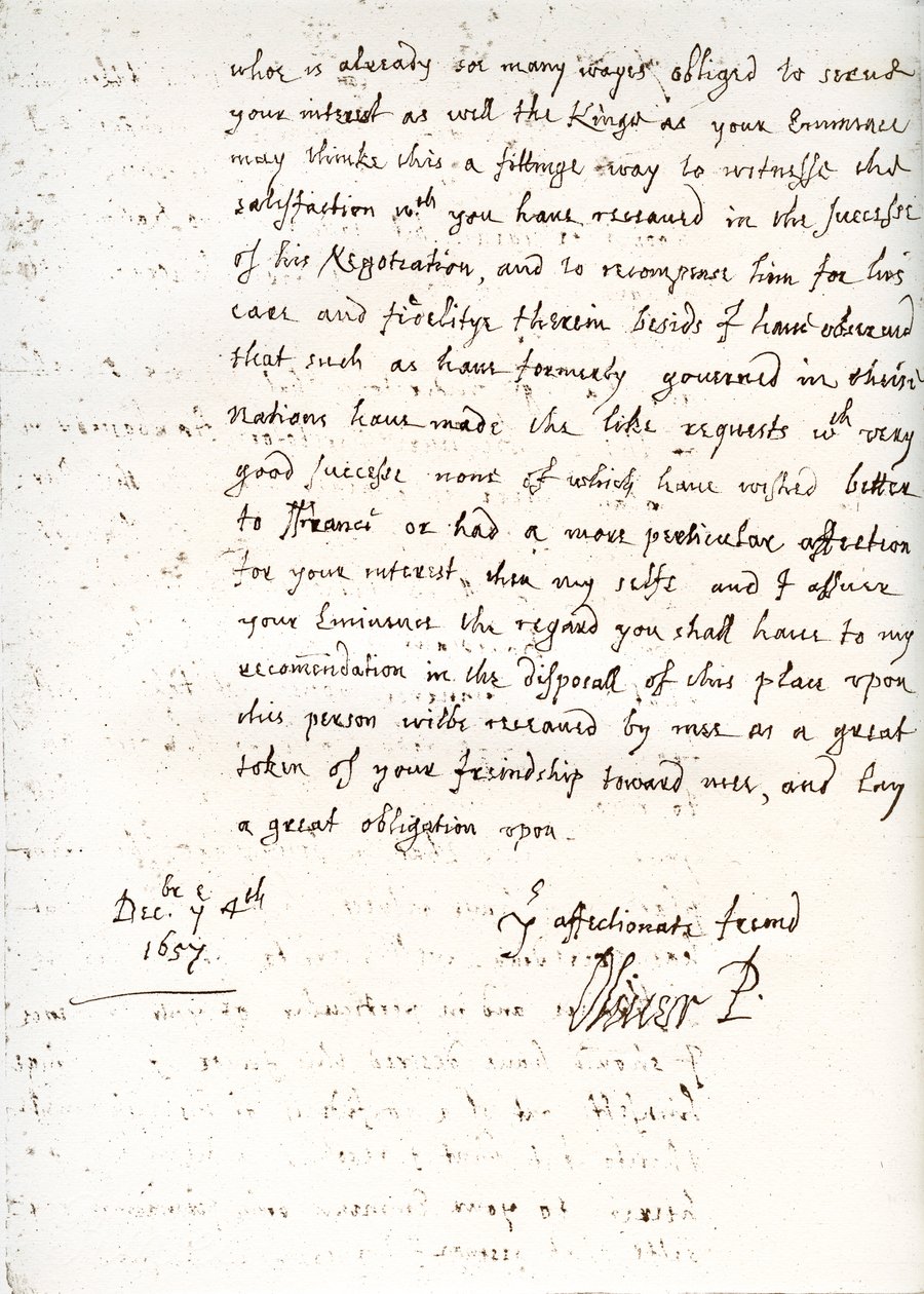Carta de Oliver Cromwell ao cardeal Mazarin, 4 de dezembro de 1657, 1899 de Unbekannt