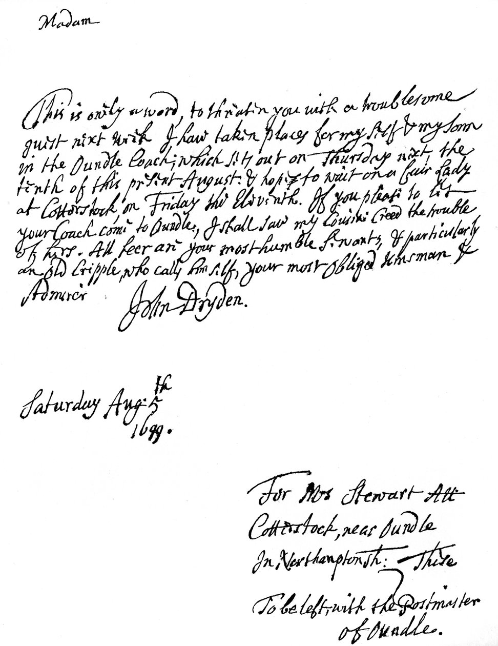 Uma carta escrita por John Dryden 1631-12700, poeta inglês, 1699 1840 de Unbekannt