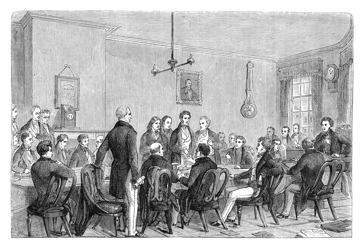 Uma reunião da Liga da Lei Anti-Milho no Newalls Building, Manchester, 1838 c1895 de Unbekannt