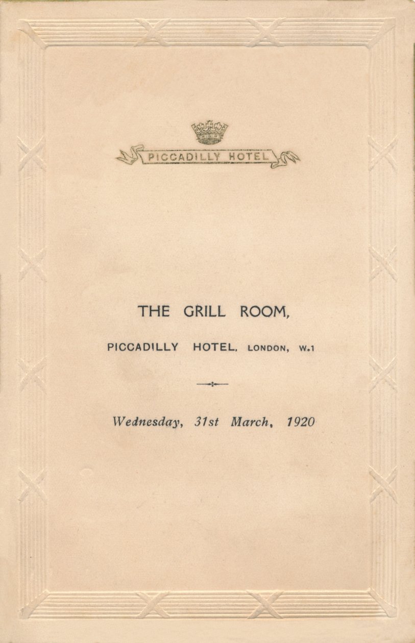 Um menu para o The Grill Room do Piccadilly Hotel, Londres, 1920 de Unbekannt