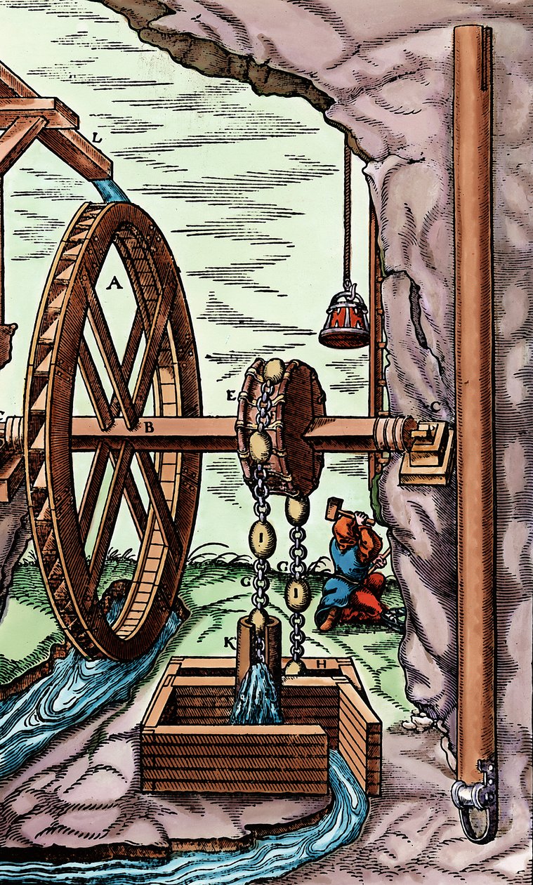 Uma mina sendo drenada por uma bomba de pano e corrente, acionada por uma roda d&39;água ultrapassada, 1556 de Unbekannt