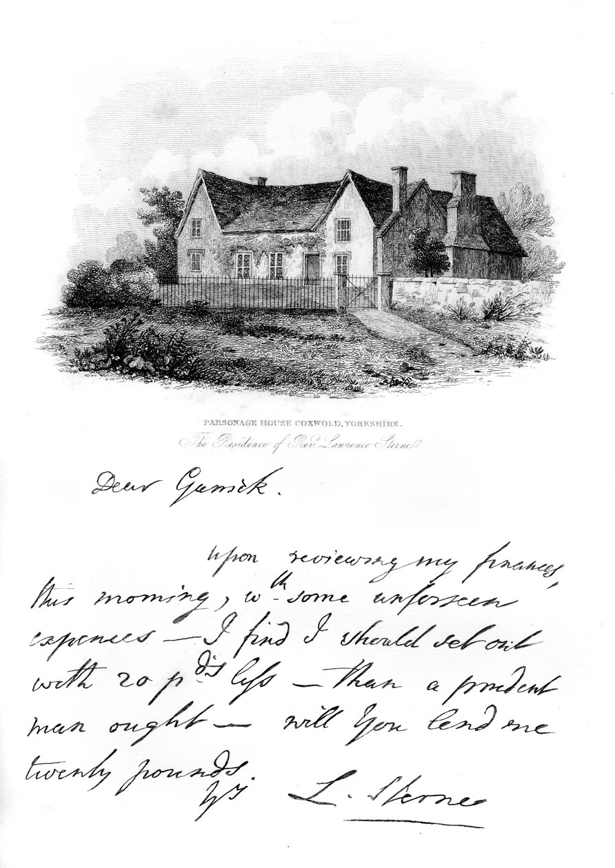 Uma nota de Sterne a Garrick e uma vista da casa de Sternes em Yorkshire, século XVIII, 1840 de Unbekannt