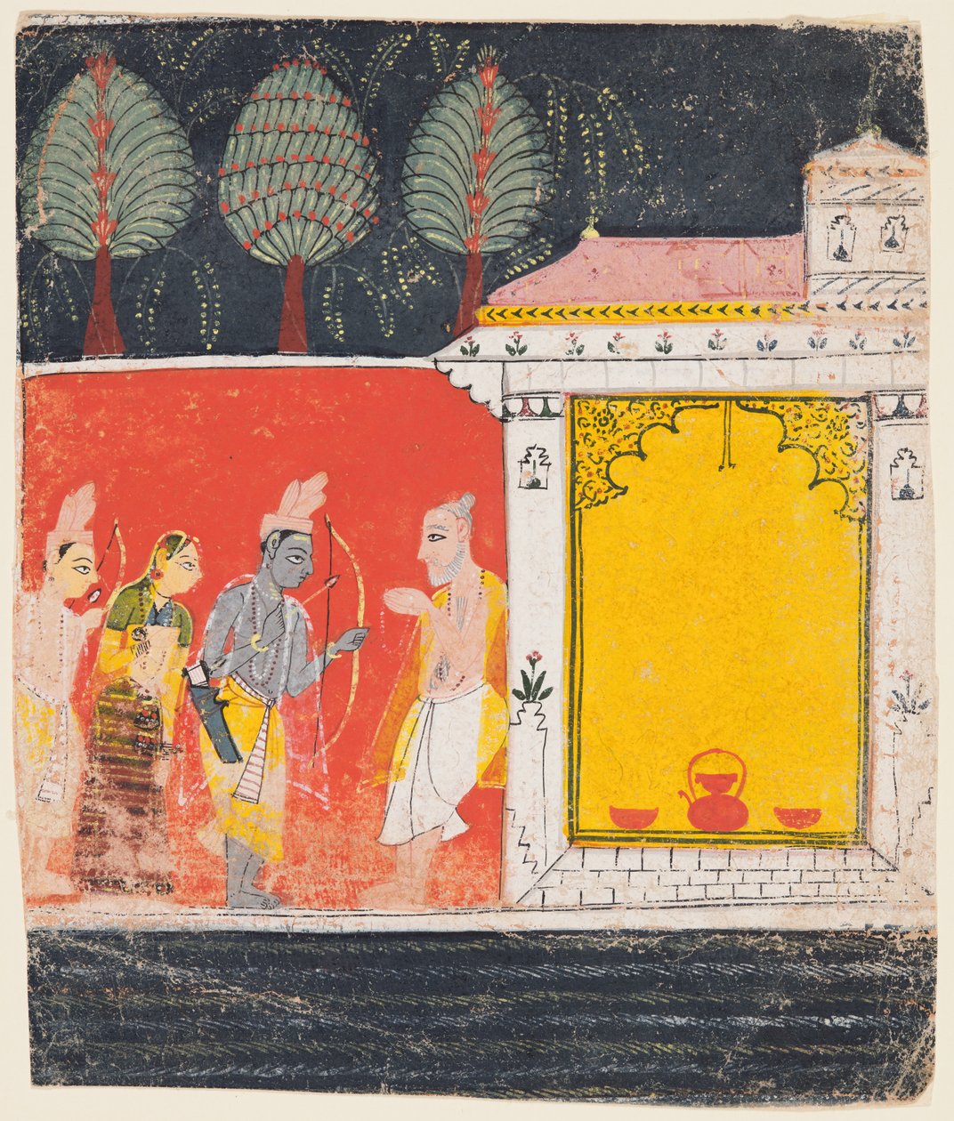 Uma página de um Ramayana: Uma cena noturna de Rama, Lakshman e Sita antes do rishi ..., c. 1650 de Unbekannt