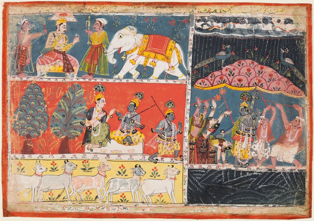 Uma página do Bhagavata Purana: Indra envia uma torrente de chuva, Krishna levanta o Monte. Govardhana, 1686. de Unbekannt