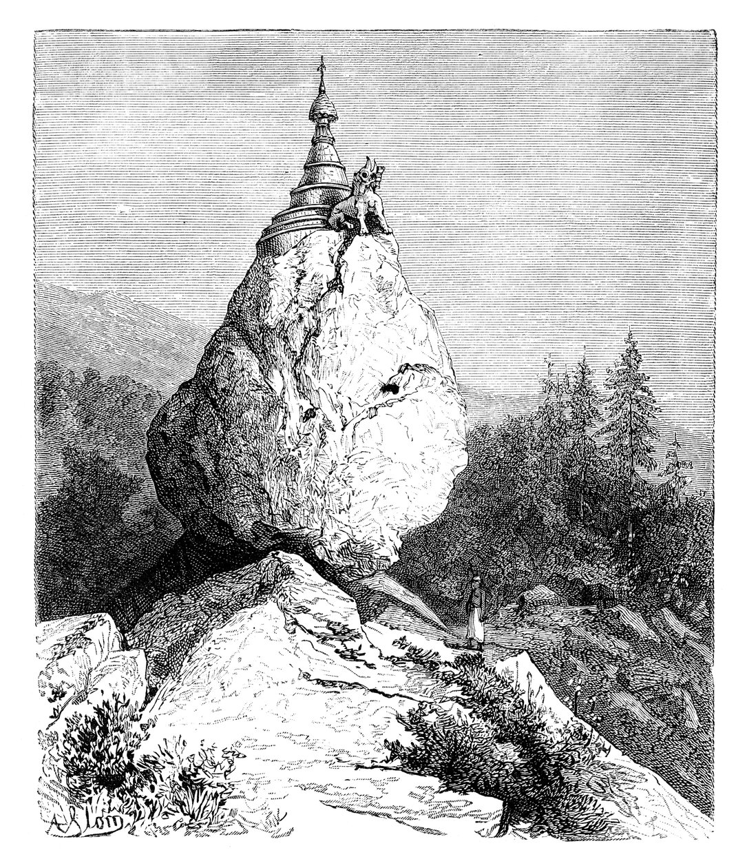 Um pagode no topo de uma pedra, 1895 de Unbekannt