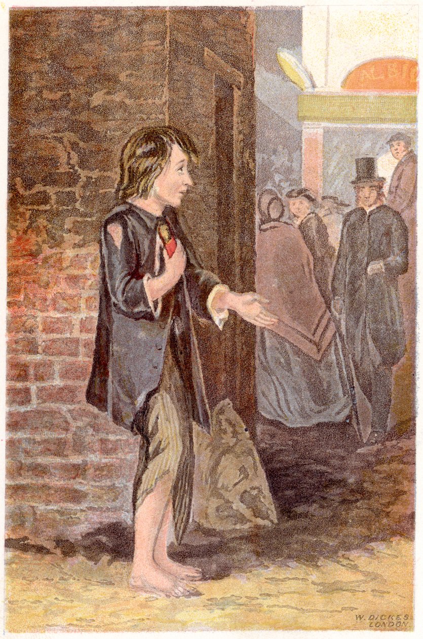 Um menino pobre, sem sapatos e com trapos, implorando na esquina, c1880 de Unbekannt