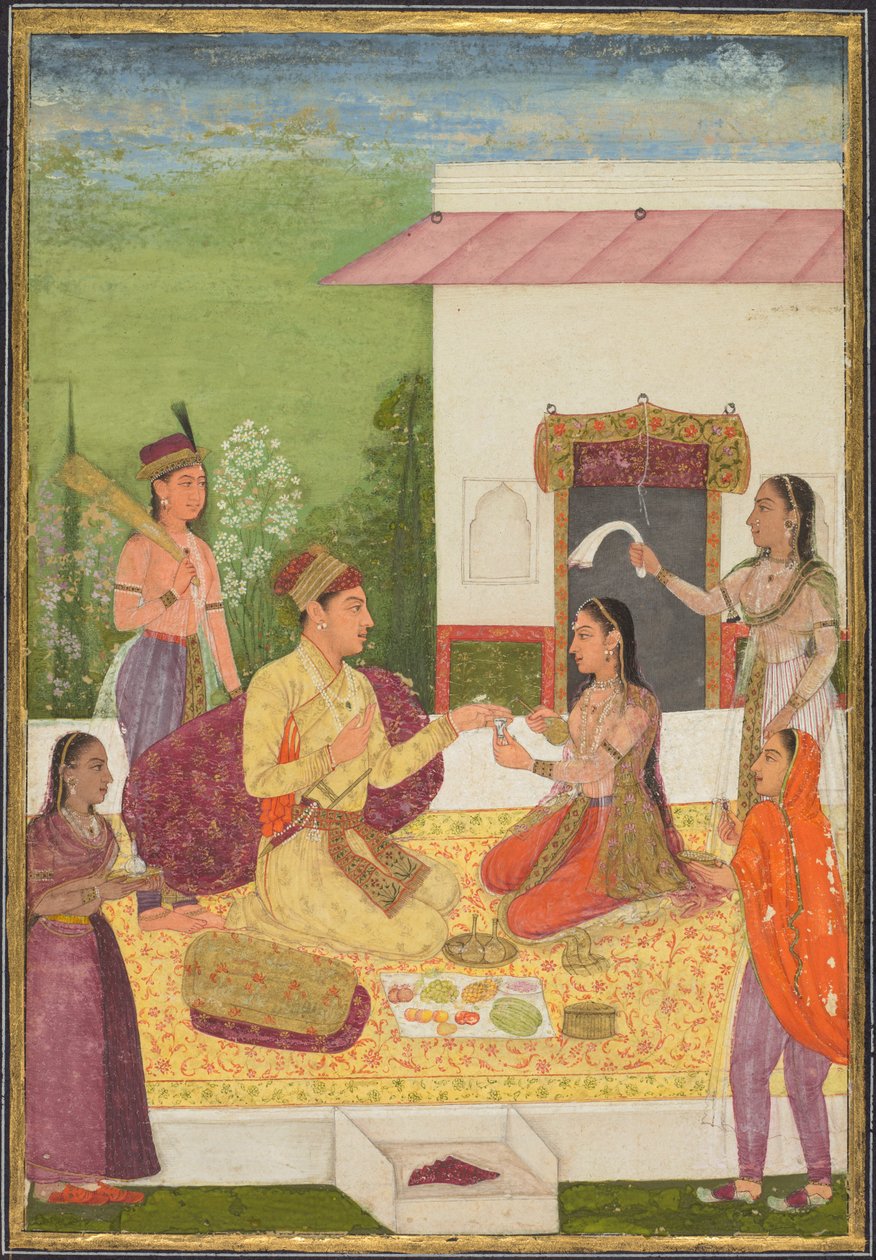 Um príncipe conversando com uma mulher enquanto toma refrescos no terraço, c. 1710-1720. de Unbekannt