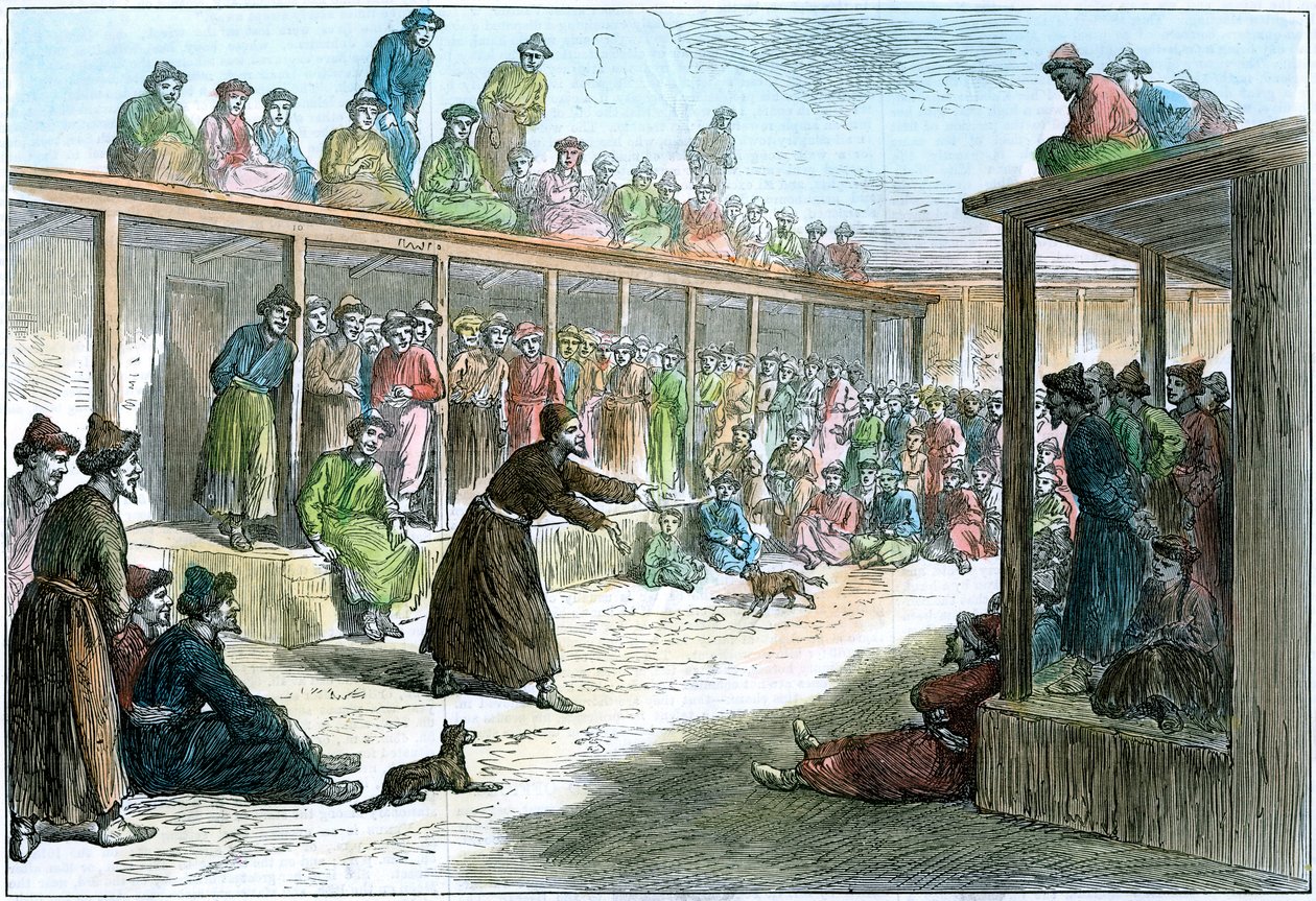 Um contador de histórias profissional em Kashgar, Xinjiang, China, c1875 de Unbekannt