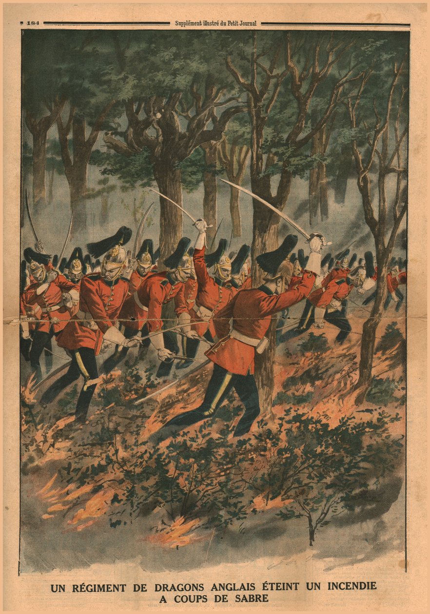 Um regimento de dragões ingleses apaga um incêndio com golpes de sabre, 1914. de Unbekannt