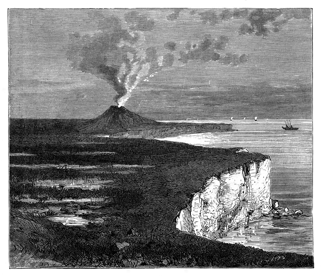Um vulcão escudo na ilha da reunião, Oceano Índico, c1890 de Unbekannt