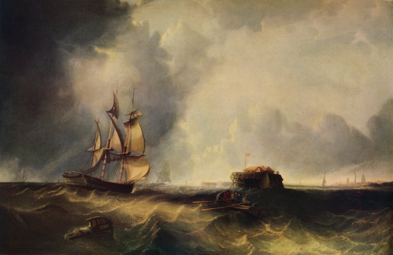 Um navio e homens em um barco a remo ao largo de Calais, c1830, 1938 de Unbekannt