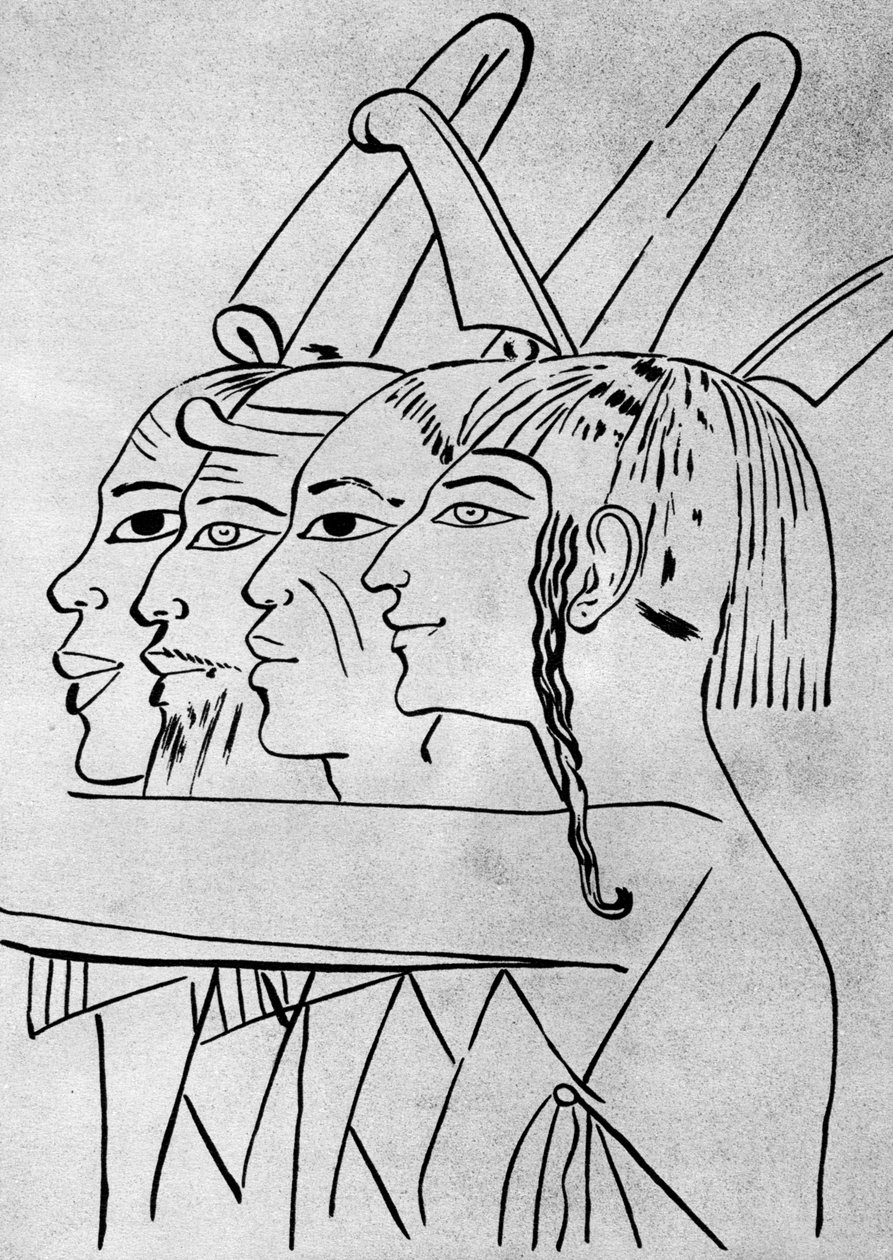 Um esboço de homens africanos e asiáticos da tumba do rei Seti I, Tebas, Egito, 1936 de Unbekannt