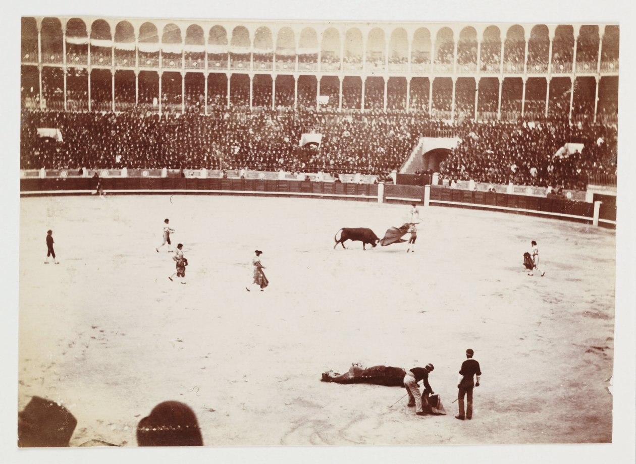 Fotografia instantânea de uma tourada em frente a uma enorme multidão na praça de touros Las Ventas del Espiritu Santo, Madrid, tirada por um fotógrafo desconhecido por volta de 1930. de Unbekannt