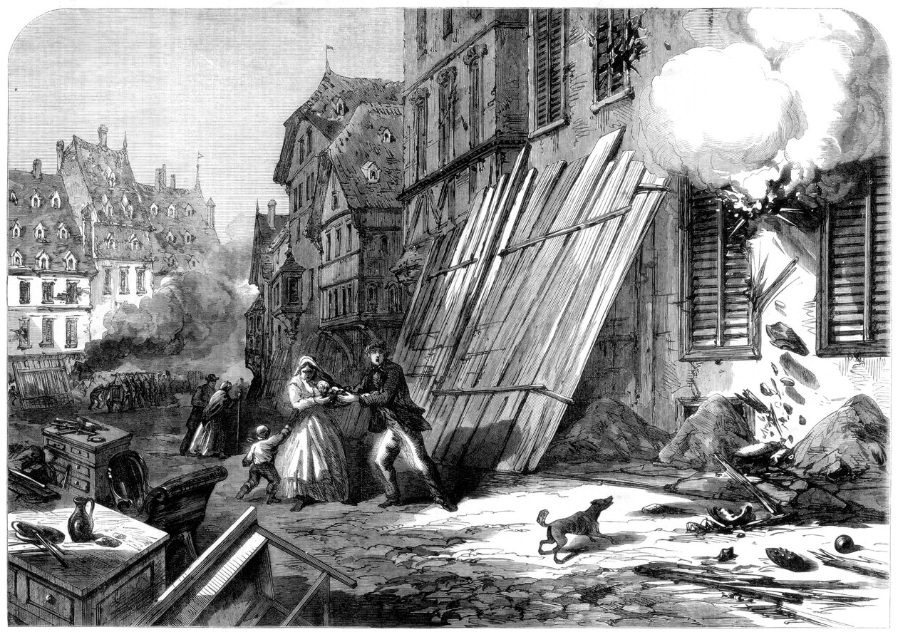 Rua em Estrasburgo, durante o cerco e bombardeio, Guerra Franco-Prussiana, 1870 de Unbekannt