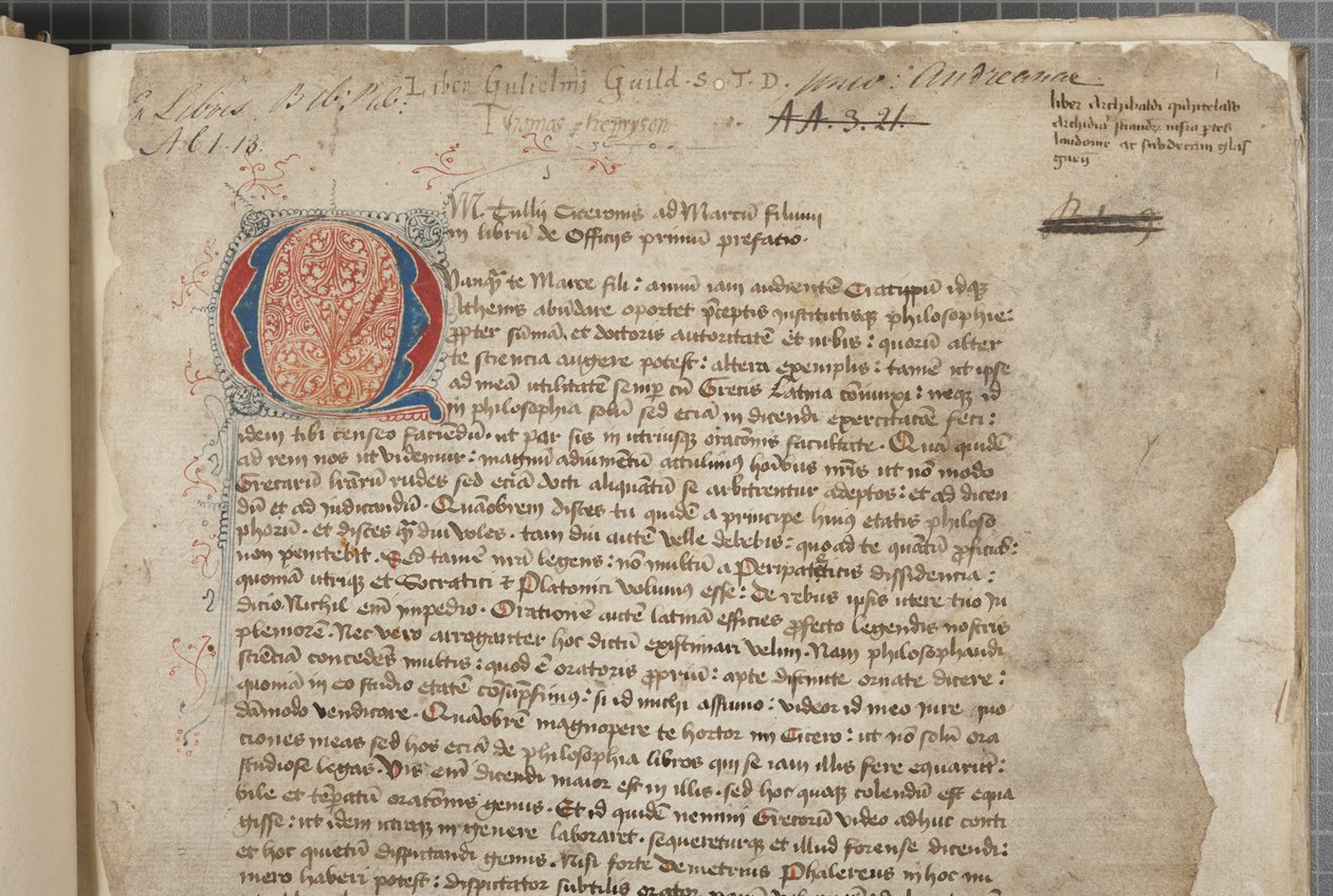 Uma transcrição, em três mãos, das obras filosóficas de Marcus Tullius Cicero aparentemente tirada da editio romana de 1471, com marginalia na mão de Archibald Whitelaw e outros, c.1480 (tinta sobre pergaminho) de Unbekannt