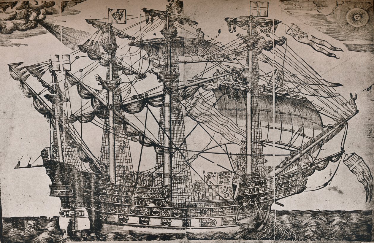 Uma xilogravura de um navio que se acredita ser The Ark Royal, c1587 de Unbekannt