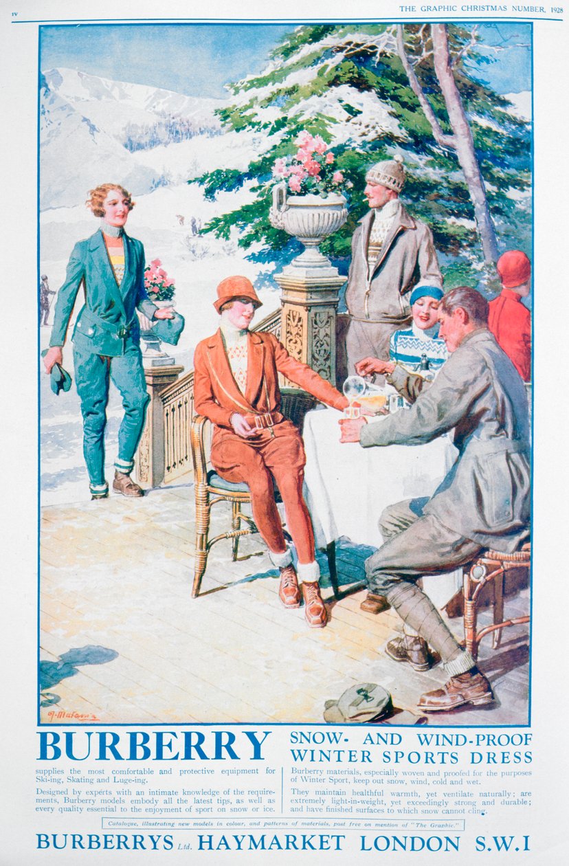 Anúncio para vestido de esportes de inverno à prova de vento e neve Burberry, 1928 de Unbekannt