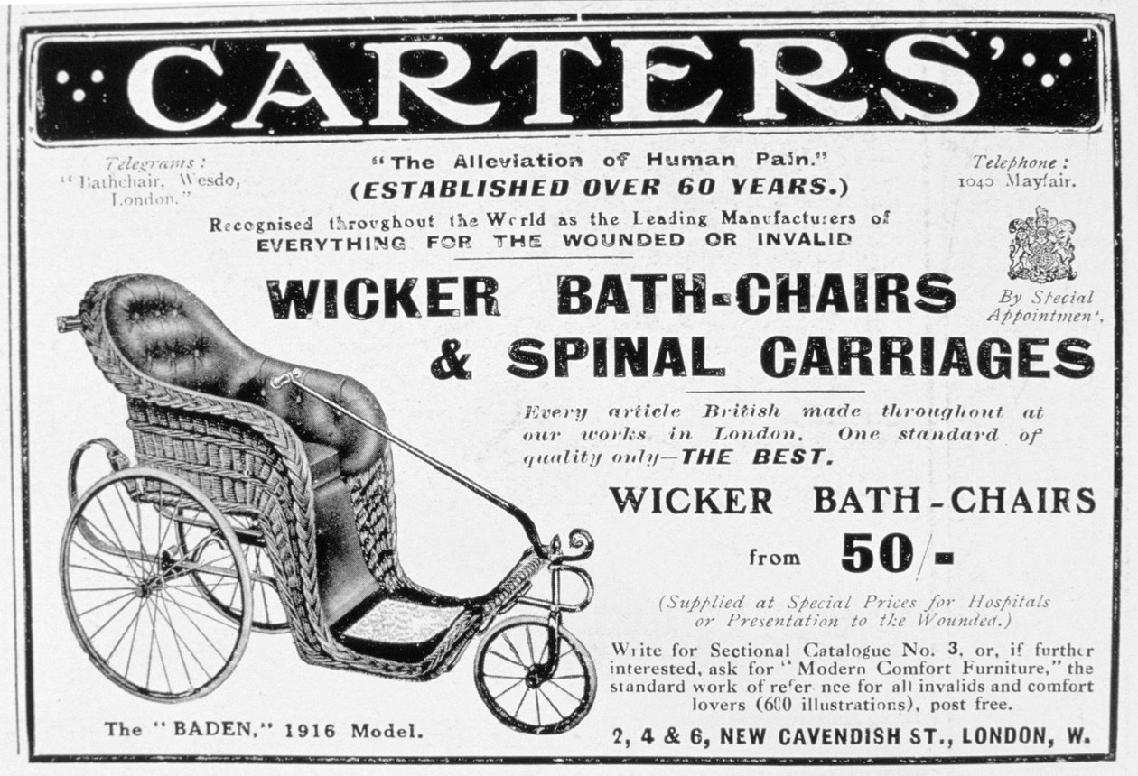 Anúncio para Carters, cadeiras de banho de vime e carruagens medulares, 1916 de Unbekannt