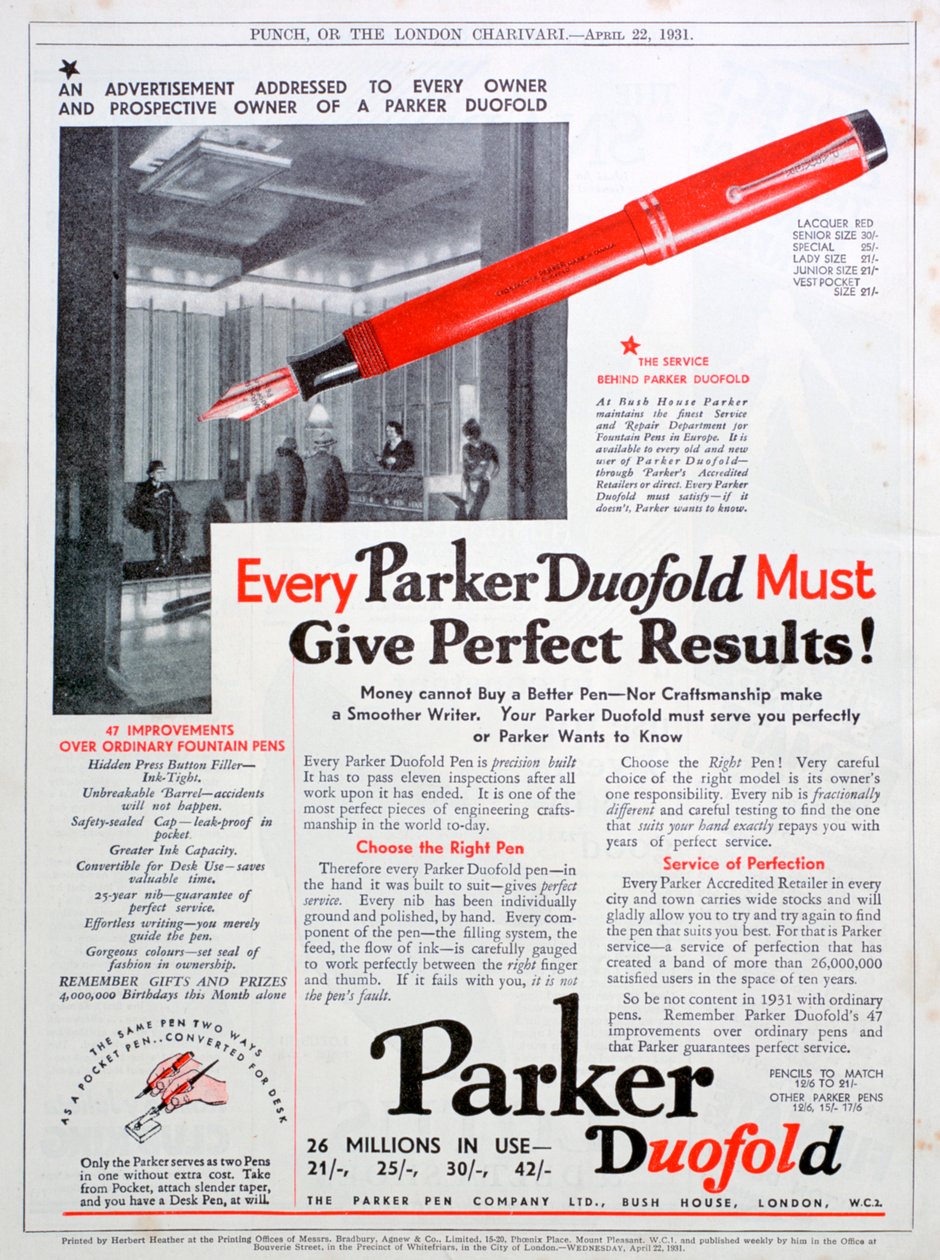 Anúncio para canetas Parker, 1931 de Unbekannt