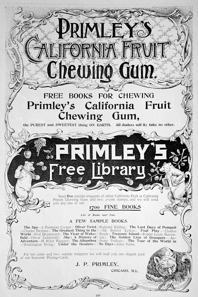 Anúncio para goma de mascar Primleys California Fruit, 1894 de Unbekannt