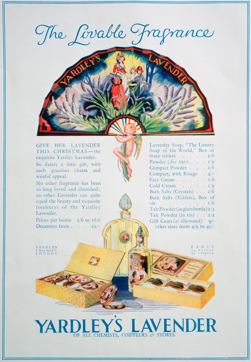 Anúncio de Yardleys Lavender, cosméticos e perfumes, 1928 de Unbekannt