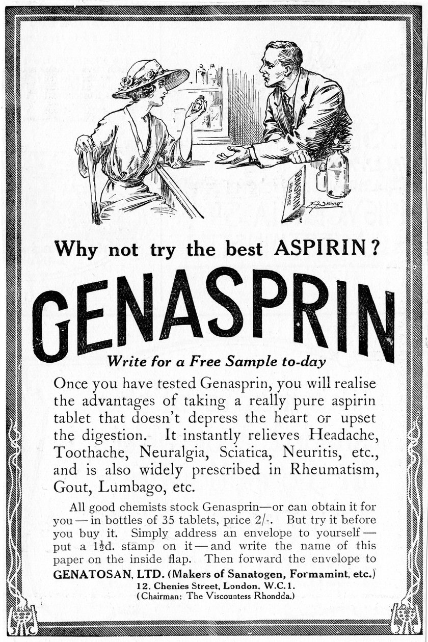 Anúncio da Genasprin, uma marca proprietária do medicamento Aspirin. 1919 de Unbekannt